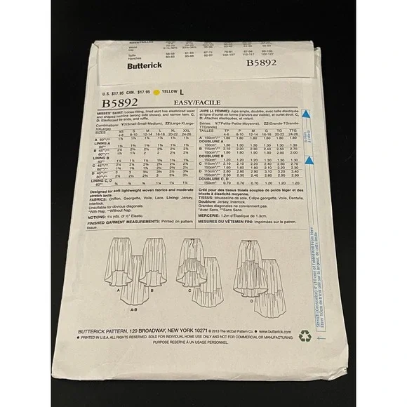 00332 - Butterick B5892 Misses' Skirt Sewing Pattern High Low Hem Size Y XS-S-M‎ - Picture 3 of 3